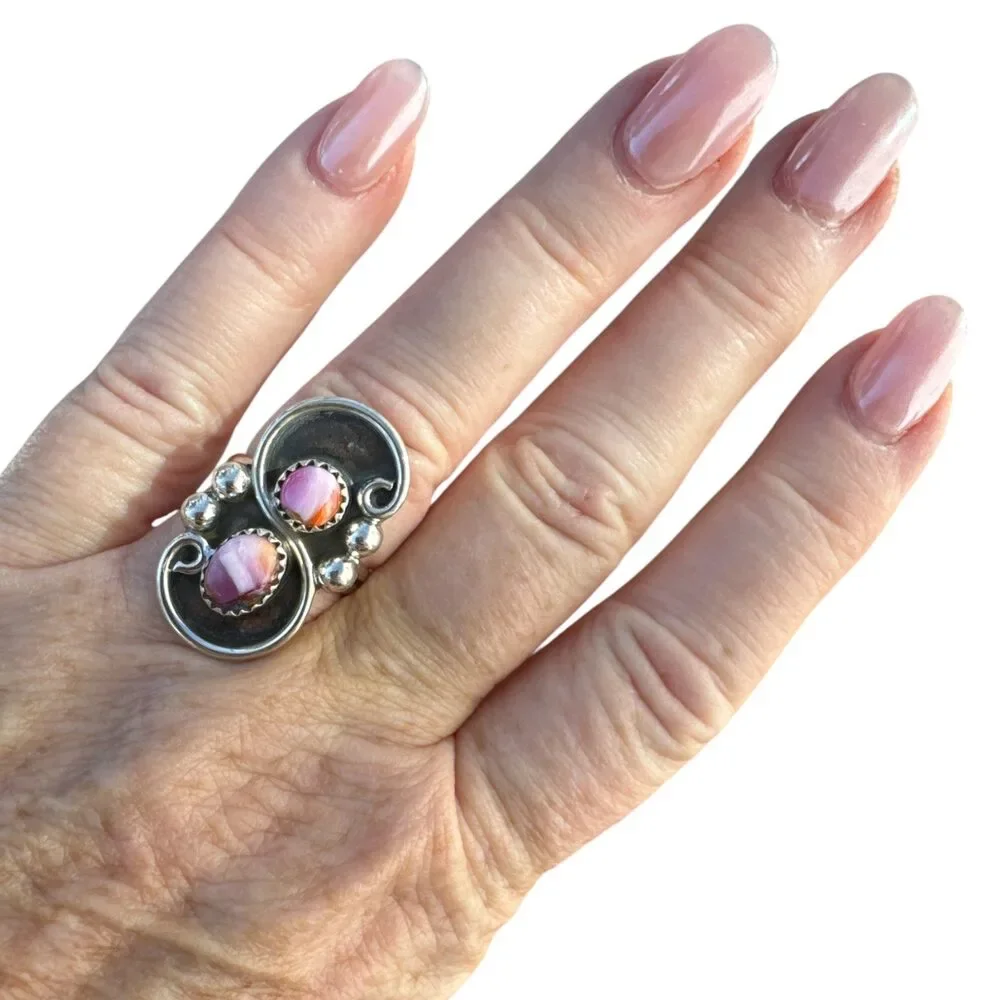 Kingman Pink Dahlia Turquoise Solid 925 Sterling Silver Ring 7 - Picture 3 of 3
